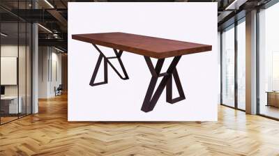 wooden lacquered table with black metal legs on white background standing at an angle of 45 degrees Wall mural