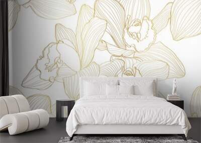 Luxury gold floral line art wallpaper. Orchid Cymbidium flower golden line design for textiles, wall art, fabric, wedding invitation, cover design. Wall mural