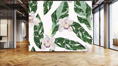 Seamless floral pattern with tropical flowers with exotic pink leaves, orchid flowers on white background. Template design for textiles, interior, clothes, wallpaper. Botanical art.  Wall mural