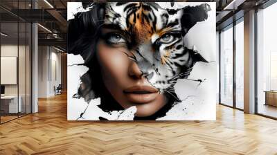 An artistic portrait of a woman with a tiger face merging into hers, set against a cracked and abstract white background, creating a powerful visual of wildness and elegance. Wall mural