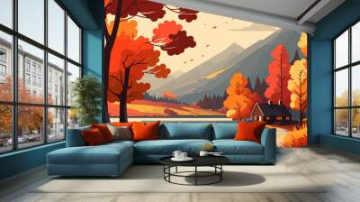 Beautiful autumn mountain landscape. Vector illustration. Wall mural