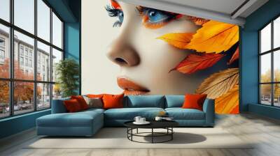 beautiful woman face with autumn leaves make up. beauty, fashion. Wall mural