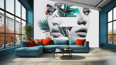 Double exposure of two women's faces and palm leaves with tropical flowers. Beauty concept. Wall mural