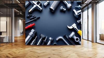 Plumbing concept. Tools and pipes on a dark background, flat lay, copy space Wall mural