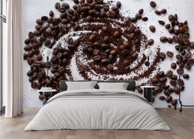 scattered coffee beans on a white background in the shape of a circle Wall mural