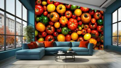 A multitude of tomatoes, varying in size and color, form the scenery. Generative AI Wall mural