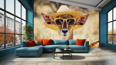 Antelope in sunglasses and hat on safari background, promoting wildlife tours Wall mural