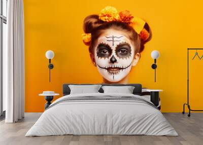 Awesome makeup for the day of the dead of a young girl on an orange background Wall mural