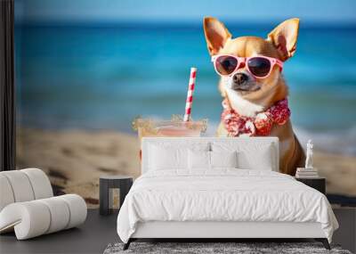 Chihuahua dog is relaxing on the beach with a cocktail. Resort holiday concept with pets. Generative AI Wall mural