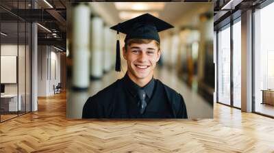 Happy graduate student in gown and cap in college Wall mural