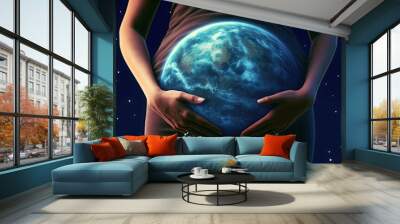 Pregnant woman with a globe instead of a belly. The concept of a sustainable future Wall mural