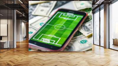 Smartphone with football stadium on screen and dollars, gambling and betting concept Wall mural