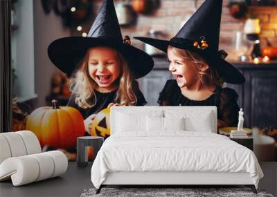 Witchy faces: happy kids at a halloween pumpkin party Wall mural