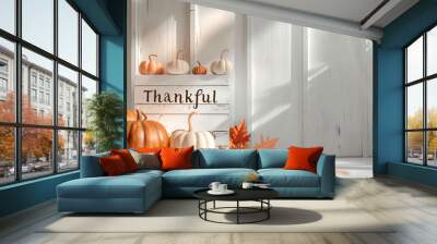 wooden background with pumpkins and the inscription Thankful Wall mural