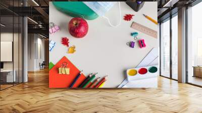 Flat lay various office supplies. The concept of learning, back to school. Copy space. Wall mural