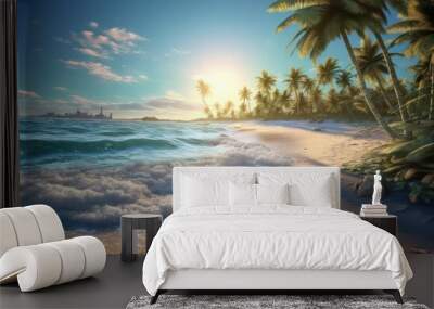 Rocky beach with palm trees against a backdrop of blue sky and water Wall mural