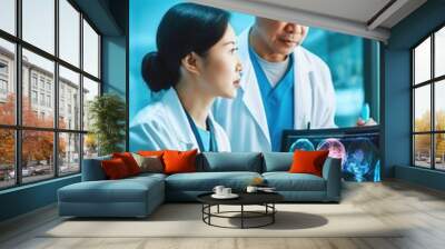 Two Asian doctors analyze MRI scans, collaborating on patient care in a high-tech medical setting Wall mural