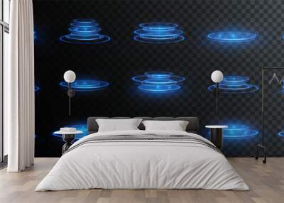 Collection of futuristic hud podiums or portals blue or neon HUD PNG. Technological background. Light glass circles, lines, table, HUD platform PNG. Wall mural