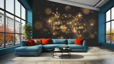 Gold sparkling dust with gold sparkling stars on a transparent background.Glittering texture. Christmas effect for luxury greeting rich card. Gold dust PNG. Wall mural