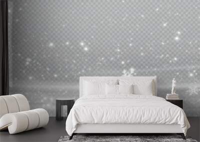 Snow and snowflakes on transparent background.  Winter snowfall effect of falling white snow flakes and shining, New Year snowstorm or blizzard realistic backdrop. Christmas or Xmas holidays. Wall mural