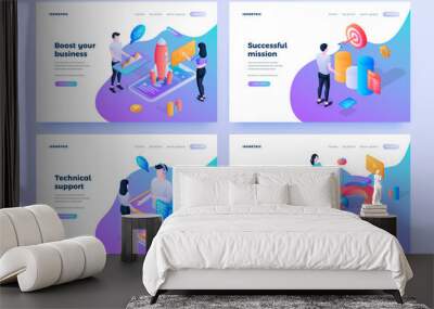 Business promotion services isometric landing page templates set. Successful mission. Technical support, business vision website homepage design. People working on projects cartoon characters Wall mural