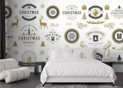 Christmas and happy new year wishes labels and badges set vector illustration Wall mural