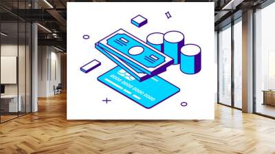 Online payment financial success with credit card cash money currency and coins pile for banking transaction 3d icon isometric vector illustration. Internet buying purchasing wealth and richness Wall mural