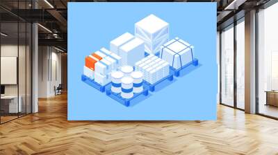 Pile industrial material barrels boxes bricks wooden pallet for storage warehouse cargo transportation isometric vector illustration. Stack industry package containers crate goods commercial shipment Wall mural