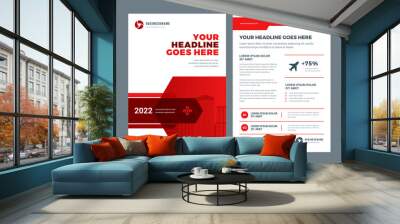 Red brochure annual report flyer design template, vector abstract flat background with logo design. Wall mural