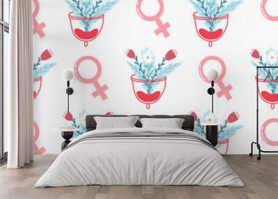 Hand drawn pattern with menstrual cup, flowers and female sign in pink and red colors. Female period wallpaper Wall mural