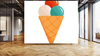 Vector illustration of ice cream in waffle cone in cartoon flat style. Tasty summer sweets, sorbet, desset Wall mural