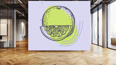 Fully editable poster (postcard) of hand-drawn fruits in pop art style. Linear, contour drawing on a colored background with abstract figures - a modern type of printing art. Wall mural