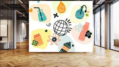 Happy Earth Day. Save the planet. Make every day Earth Day. Compositions on a transparent background on the theme of ecology, care for nature and planet Earth. Fashion design in flat illustration styl Wall mural