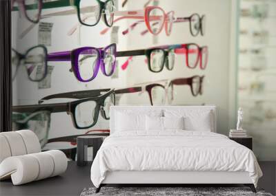 showcase with different spectacles, glasses Wall mural