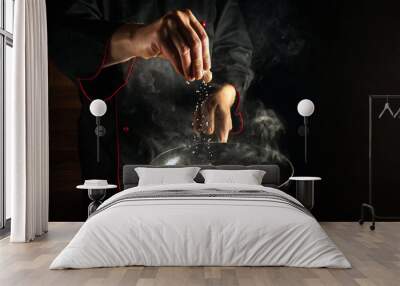 Professional chef adds salt to a steaming hot pan. Grande cuisine idea for a hotel with advertising space. Wall mural