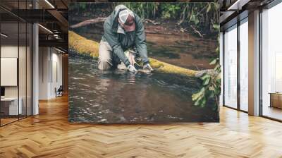 A fisherman photographs a caught fish on a smartphone. Wall mural