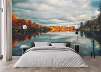 Picturesque autumn forest by the river. Wall mural