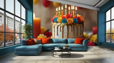 birthday greeting card with cake and flowers Wall mural