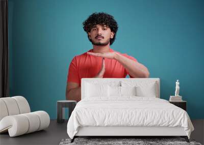 indian man with beard wearing coral t-shirt isolated on a blue studio background doing time out gesture with hands, frustrated and serious face Wall mural