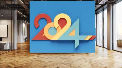 2024 new year card with 3d realistic year number on  blue  background. 3D illustration. Volumetric figures 2024 at an angle, space for text for New Year's greetings, New Year's corporate banner Wall mural