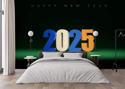 2025 calligraphy with 3d numbers on  colorful   background with New Year celebration balls for flyers, posters, signs for business design, brochures, cards, banners, postcards. 3D illustration Wall mural