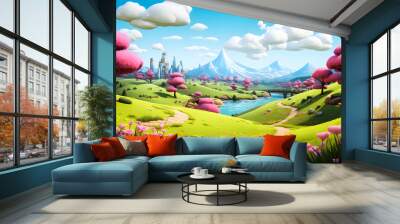 3D illustration of a cartoon landscape with forests, a river and fields with flowers, generated ai Wall mural