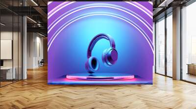 3d illustration of black  headphones on circle podium.   on  purple   isolated background on whiteneon  lights. Headphone icon illustration Wall mural