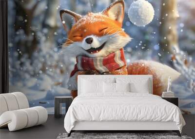 Cheerful 3D cartoon fox wearing a holiday scarf, playing in the snow with a snowball , created ai Wall mural