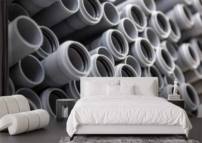 Close up gray plumbing plastic pipes. Background of colorful big plastic pipes used at the building site. Wall mural