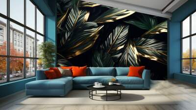 Dark green and golden   jungle leaves  , 3d illustration generated ai Wall mural