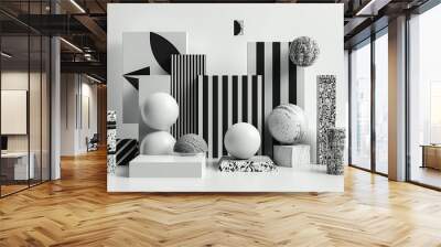 Geometric shapes in black, grey, and white colors, with a white background, 3D render,  created by ai Wall mural