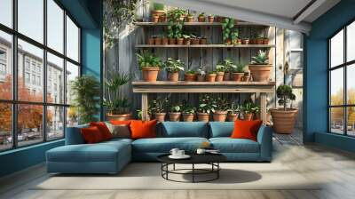 Idyllic 3D render of a rustic potting bench with clay pots and seedlings, created by ai Wall mural