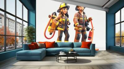 Male and female firefighters characters with hoses and fire extinguishers. Cartoon 3D illustration set of man and woman fighting a fire, generated by ai Wall mural