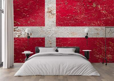 National flag of Denmark  on old peeling wall background.The concept of national pride and symbol of the country. Wall mural